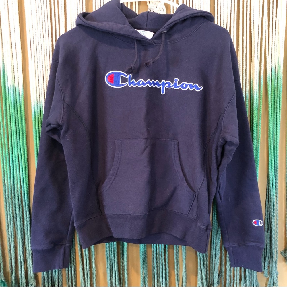 Champion Reverse Weave Chenille Logo Indigo Blue Hoodie Sweatshirt Women’s Sz.S